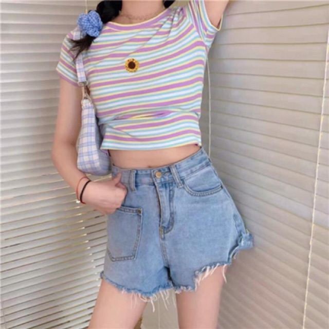 (Ảnh thật)Áo croptop borip sọc in hoa cúc full 3 màu