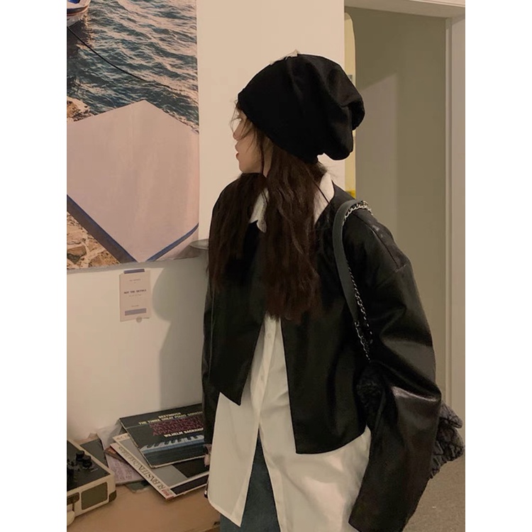 𝗺𝗶𝗲 𝘀𝘁𝘂𝗱𝗶𝗼 - Áo khoác da đen cổ V cài cúc khoá rút tay