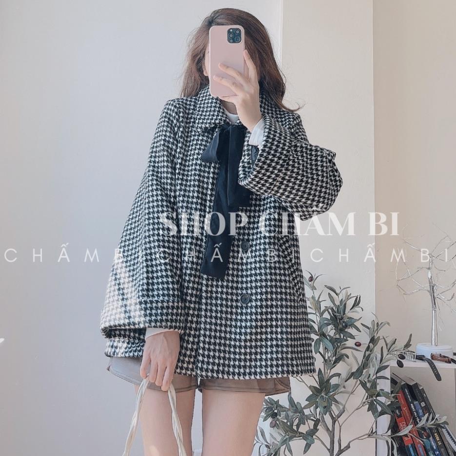 [13.1 trả hàng] Áo dạ kẻ tay rộng A.110, Áo khoác cổ đức cúc dọc nơ đen cực xinh