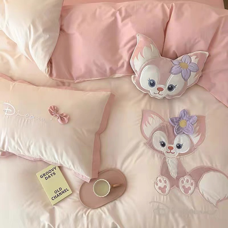 Bộ Chăn Ga Gối 5 Món mẫu LINABELL HỒNG -  Cotton Linen Họa Tiết Hoạt Hình Disney Dễ Thương