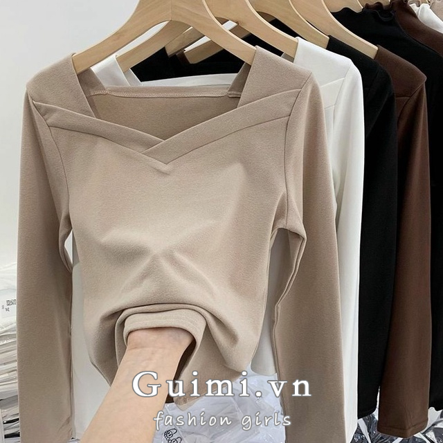 Áo Kiểu Cổ Vuông Màu Trơn Thiết Kế Mới Thời Trang Mùa Thu Đông Dành Cho Nữ