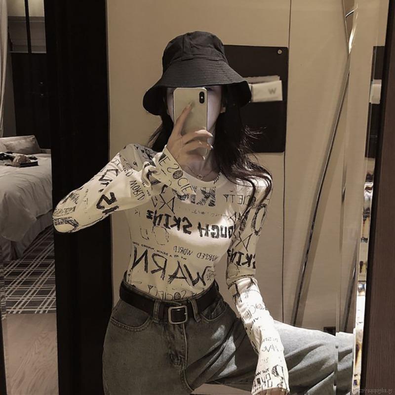 Áo Thun Dài Tay Họa Tiết Graffiti Thiết Kế Đơn Giản