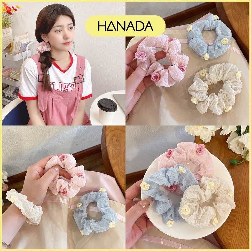 Dây Buộc Tóc Vải Nhiều Hoạ Tiết, Cột Tóc Scrunchies Màu Xanh Hồng Pastel Dễ Thương Hanada K4-V005