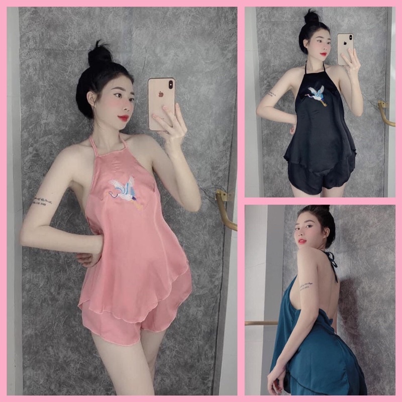 Đồ Ngủ Sexy- Yếm Ngủ Thêu Hạc chất satin Form 40-55kg( ảnh và video thật) | BigBuy360 - bigbuy360.vn