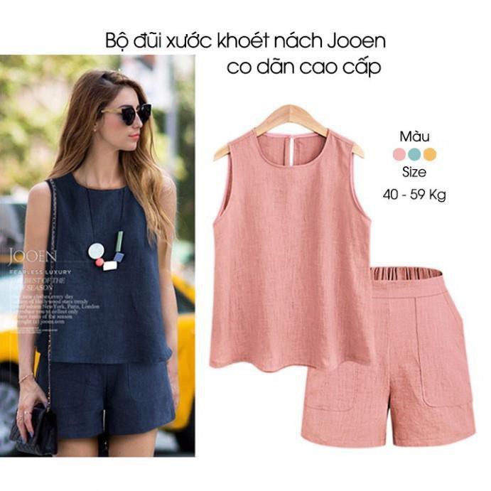 Set áo khoét nách quần sooc cạp chun Jooen vải đũi xước co dãn, phong cách Hàn Quốc cao cấp, 3 màu đủ size 40-60 Kg