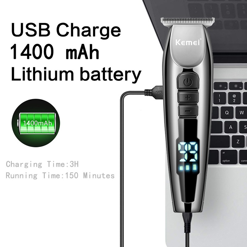 Tông đơ cắt tóc/ cạo râu Kemei màn hình LCD có thể sạc lại bằng USB 3 chế độ điều chỉnh chuyên nghiệp