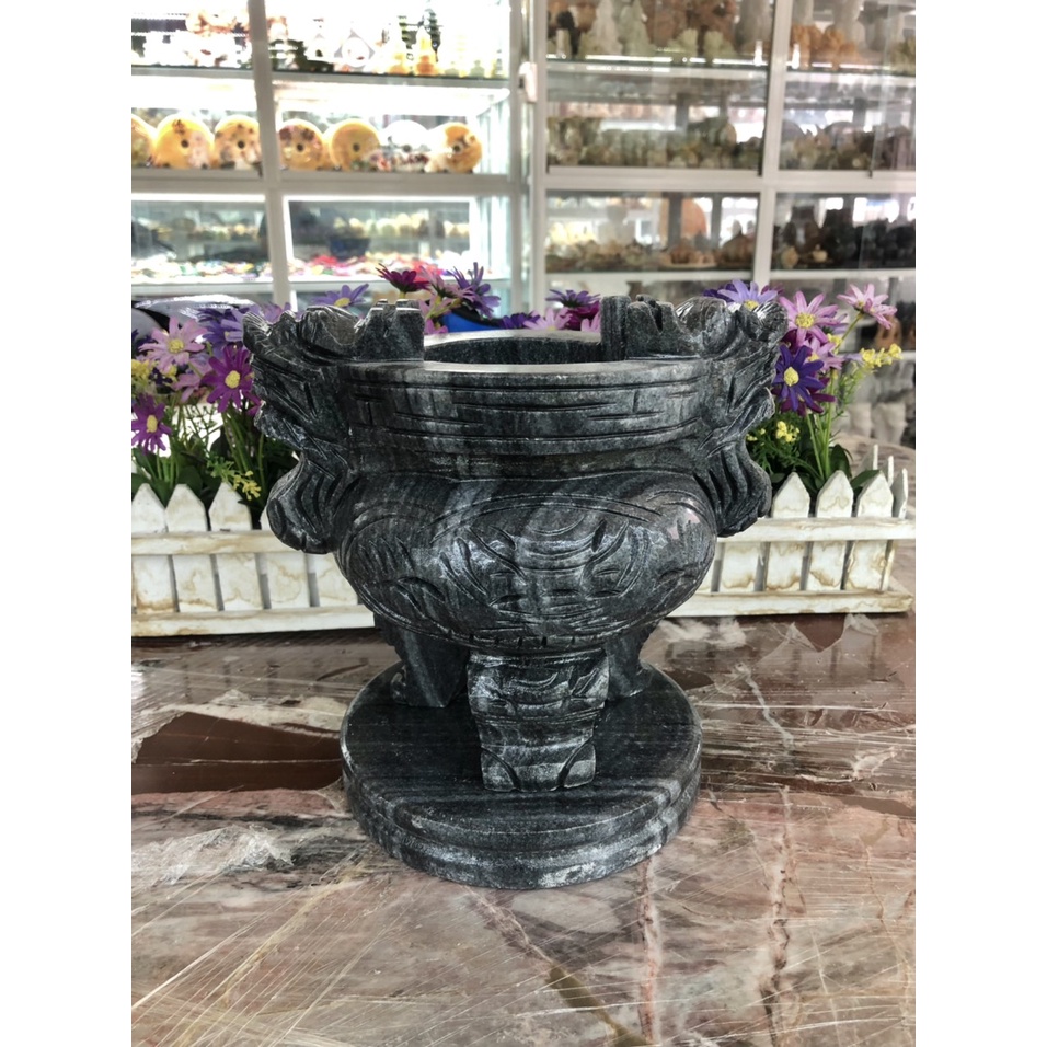 Lư hương, bát hương, bát nhang thờ cúng chạm rồng đặt bàn thờ, mộ đá vân đen - Cao 20 cm