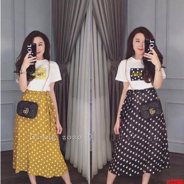 Set áo thun, chân váy chấm bi