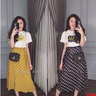 Set áo thun, chân váy chấm bi