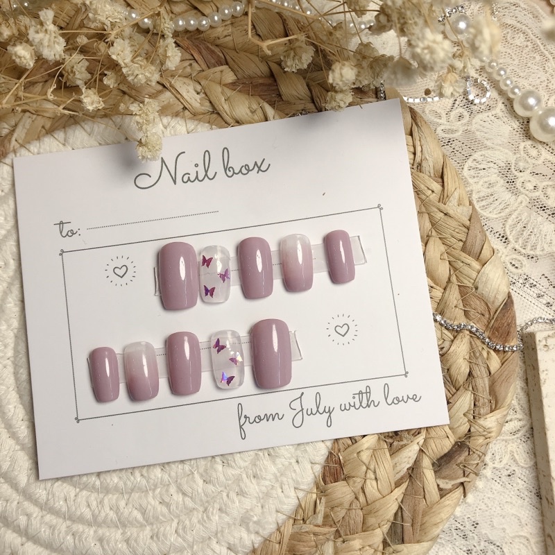 Nailbox thiết kế giá rẻ màu tím pastel ẩn bướm, móng úp thiết kế tặng kèm keo và dũa nb014 julynails.vn