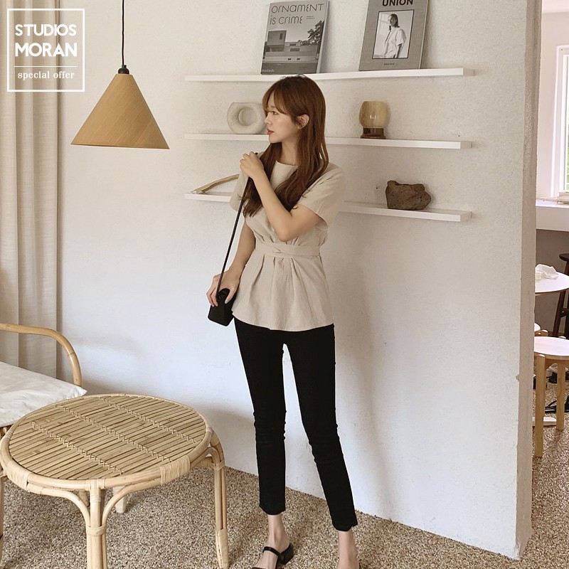 (ORDER) Áo sơ mi cộc tay thắt nơ sau lưng MORAN thon eo style điệu đà vintage công sở Hàn Quốc