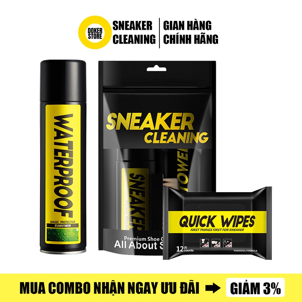 Combo Bộ kit vệ sinh giày Sneaker Cleaning 150ml xịt chống nước Waterproof 300ml và 12 khăn lau giày Quick Wipes