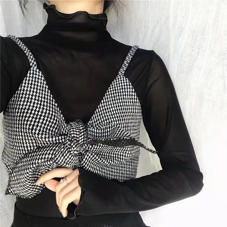 Áo Lưới Cổ Cao Ôm Dáng Màu Sắc Đơn Giản Phong Cách Phương Tây Cho Nữ