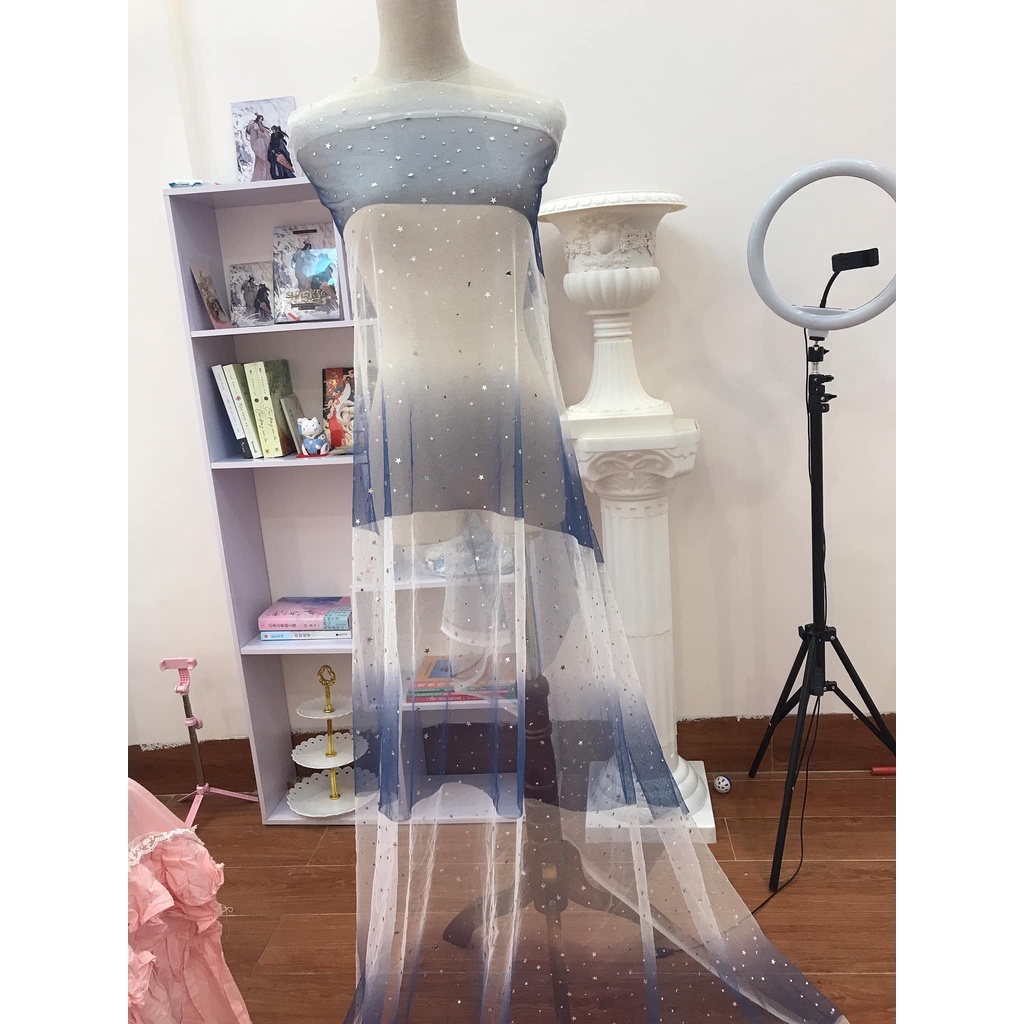 Vải lưới đính trăng sao lấp lánh ombre loang màu