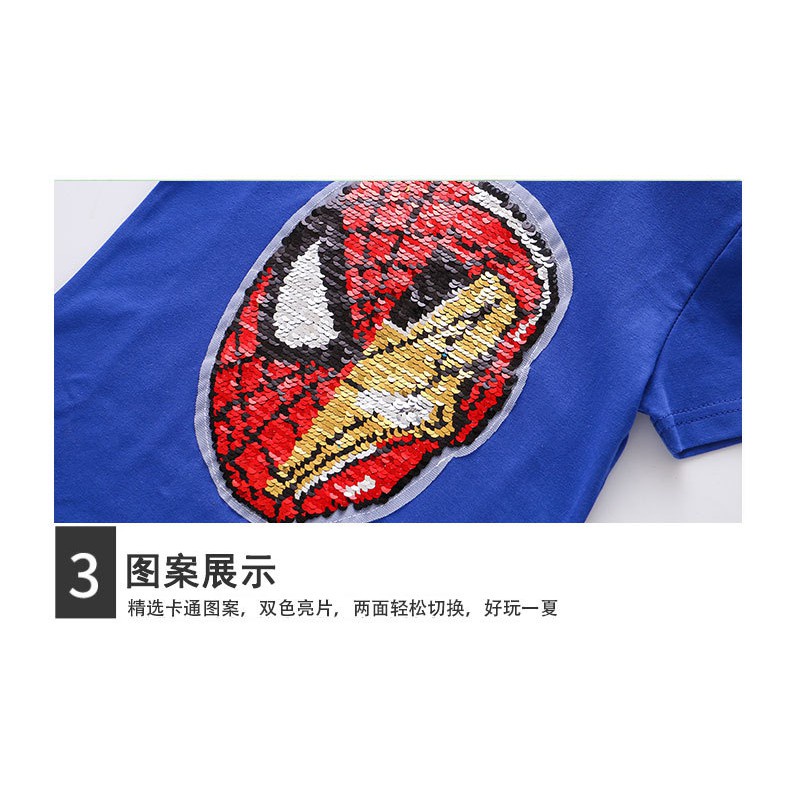 Áo Thun Cotton Đính Kim Sa Thay Đổi Màu Sắc Hình Spiderman Captain America Khủng Long Cho Bé Trai 2-8 Tuổi