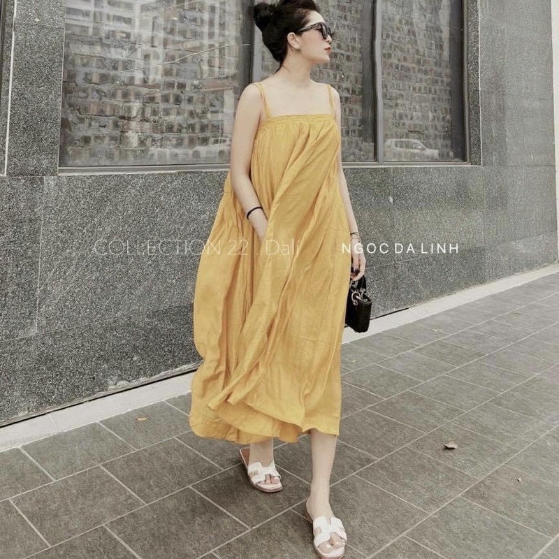 Váy maxi 2 dây chun ngực dáng dài chất thô lụa Đầm đi biển 2s hở vai suông bầu