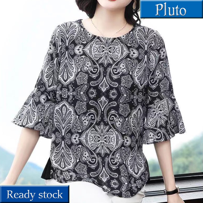 MỚI Áo thun nữ cổ thuyền tay loe in họa tiết cổ điển