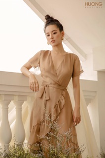 Đầm lụa cổ V vạt chéo thắt nơ eo -HBV857