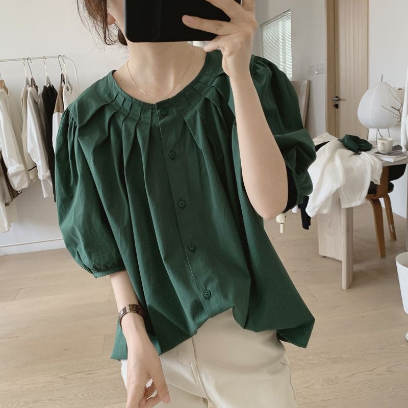 Áo Kiểu Cotton Tay Ngắn Phồng Cổ Tròn Dáng Rộng Thời Trang Mùa Hè Mới Cho Nữ