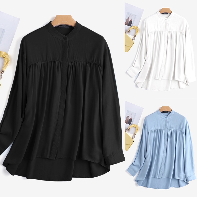 Áo Zanzea kiểu hồi giáo tay dài cổ tròn cài nút trước màu trơn