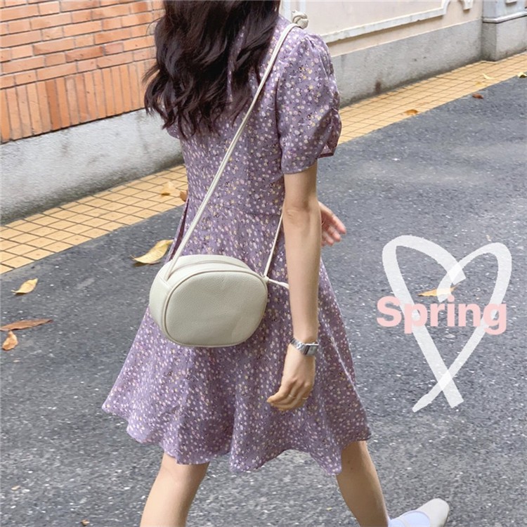 Korean Dress for Women Floral Dress V Neck Chiffon Dress Short Sleeve Dress Women Midi Dresses for Women Purple Dress Vintage Dress for Womens Summer Women Dress Retro Dress V Neck Dress Floral