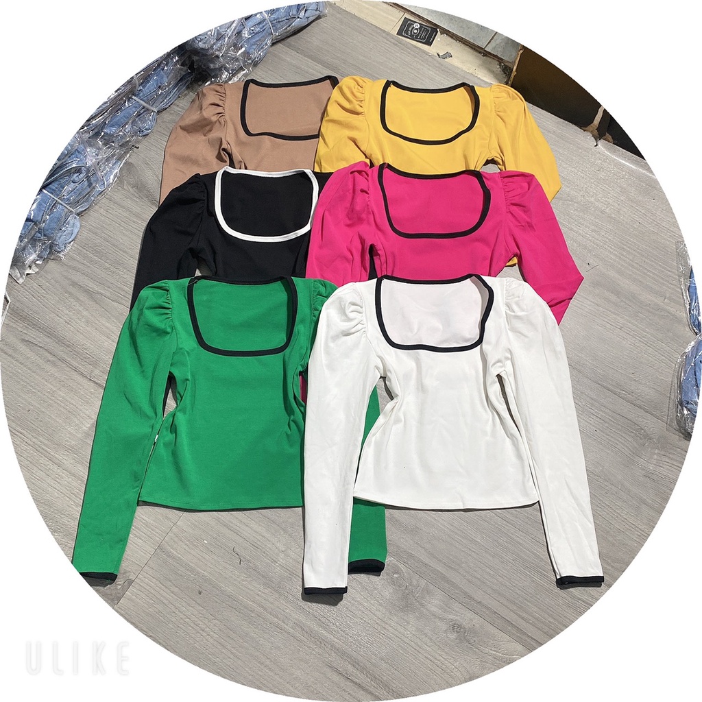 Áo thun croptop cổ U croptop tay dài phối viền