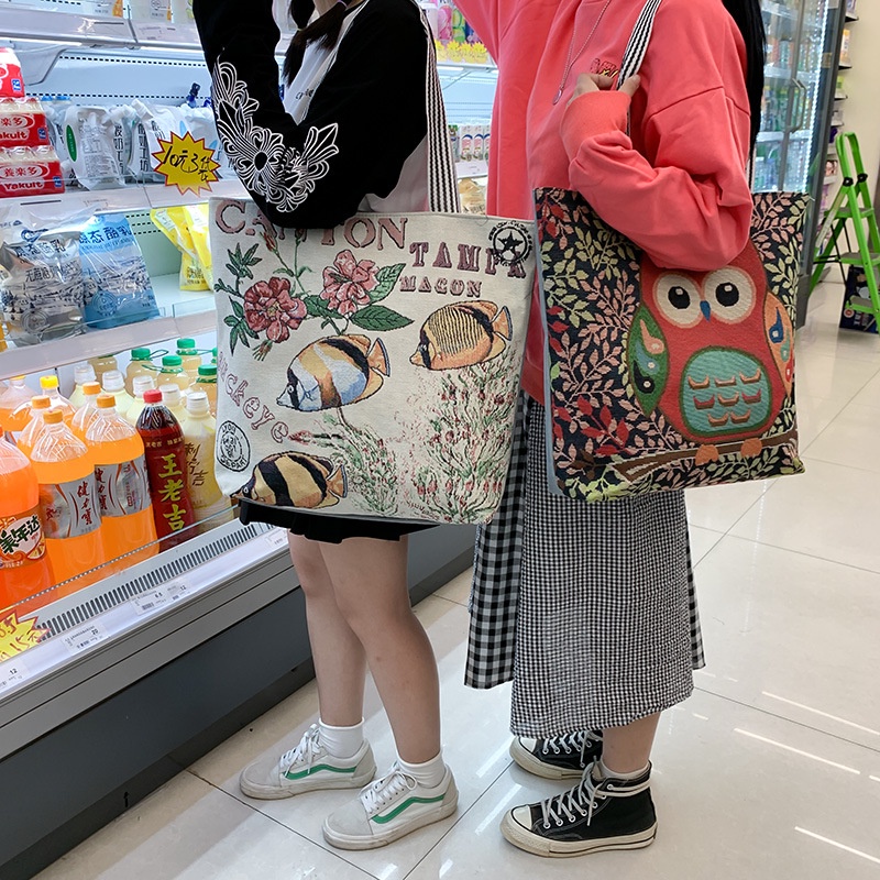 Túi Tote Đeo Vai Bằng Vải Canvas In Họa Tiết Phong Cách Hàn Quốc Thời Trang Cho Nữ FF4018