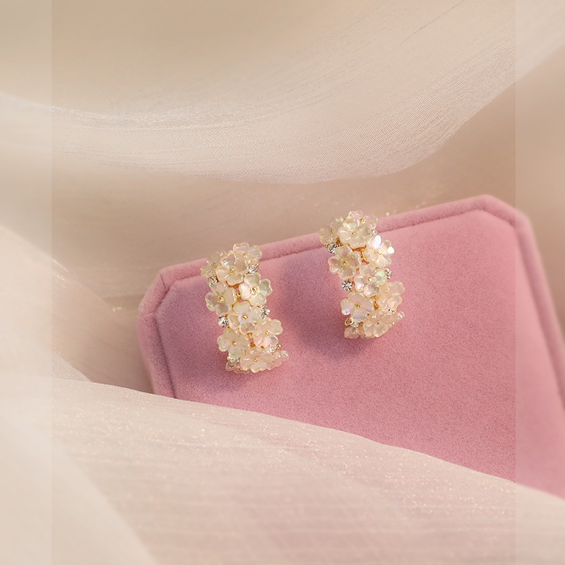 Khuyên tai PINKDUDU PD401 dáng chữ C đính hoa nhỏ phong cách Hàn Quốc thời trang cho nữ