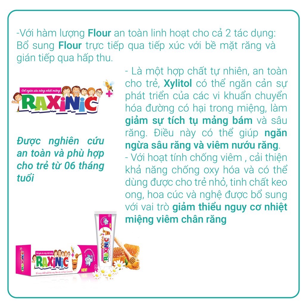 Raxinic (Chính hãng) - Gel ngừa sâu răng, nhiệt miệng. Tặng bàn chải xỏ ngón