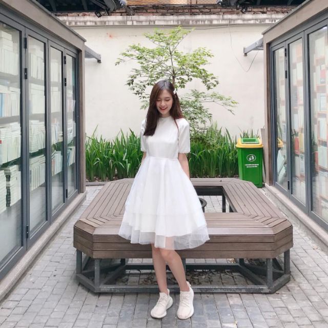váy trắng dự tiệc ngắn tay kiểu dáng basic kèm ảnh thật MS139 SẴN