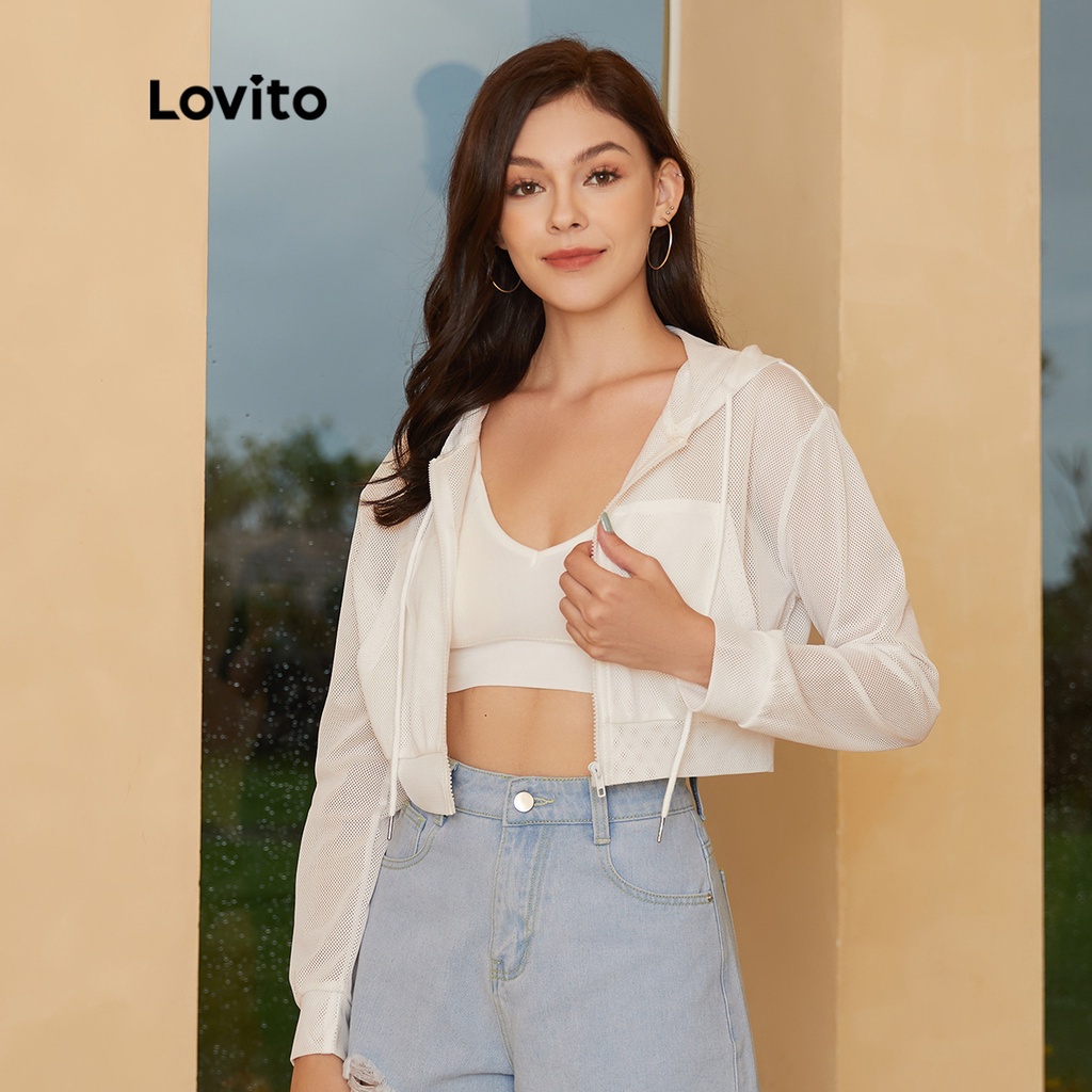 Lovito Áo khoác dạng lưới trơn giản dị Zip Up tương phản L24ED041 (Trắng)