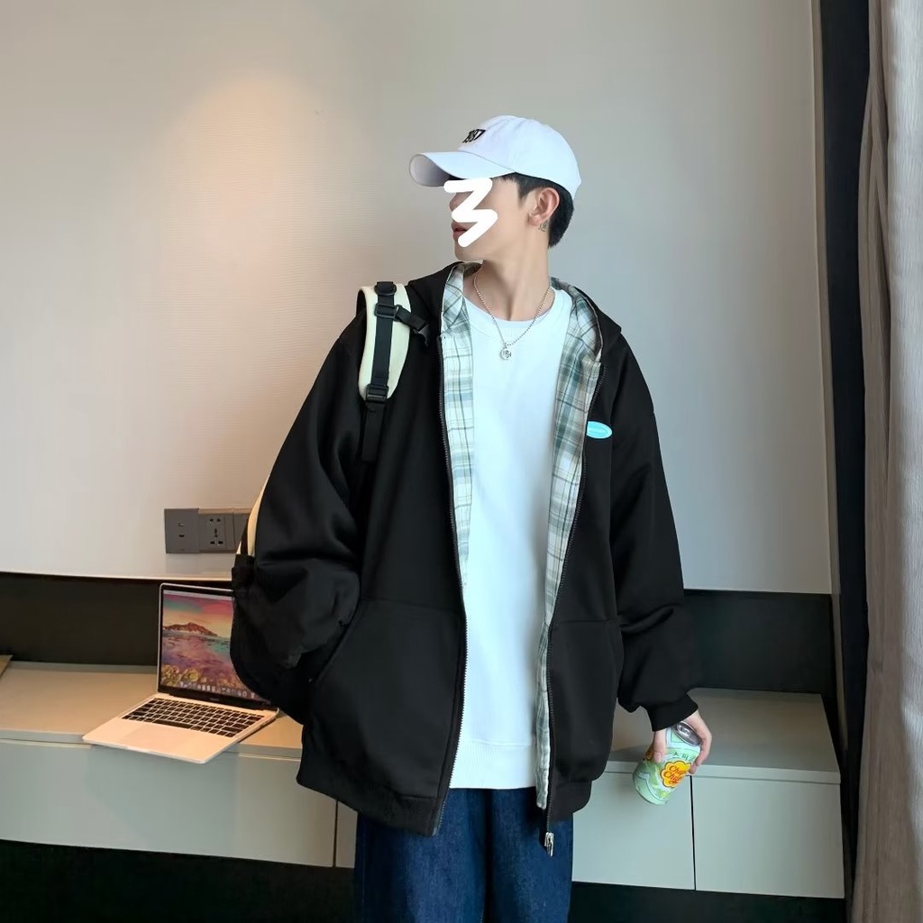 Áo Khoác Tay Dài Có Thể Đảo Ngược Họa Tiết Caro áo khoác hoodie Phong Cách Hàn Quốc áo khoác dây kéo Cổ Điển Thời Trang áo khoác nữ Thường Ngày Dành Áo hoodie Nam Nữ