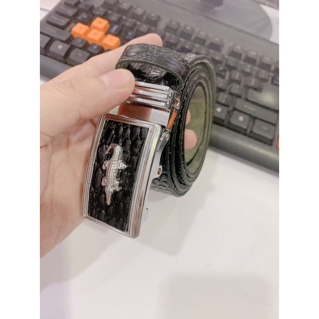 Thắt Lưng Nam Da Bò Nguyên Miếng 1 Lớp Màu ĐenDập Vân Cá Sấu Mặt Khóa Tự Động Màu Bạc