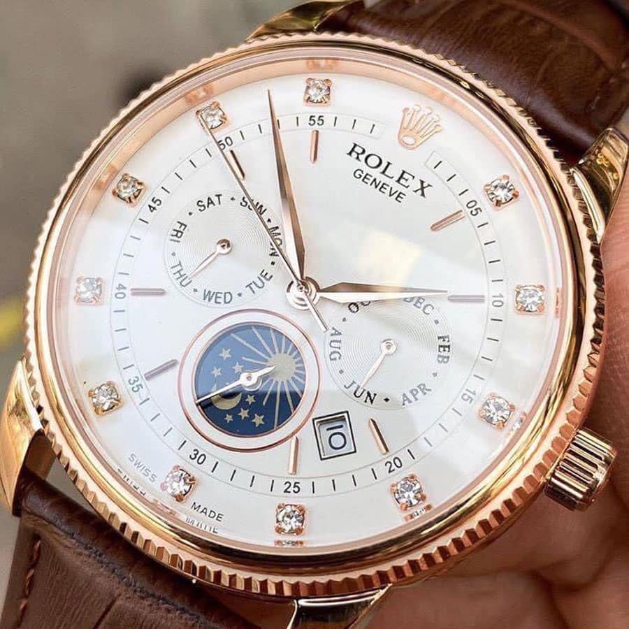 Đồng hồ Nam Rolex 6kim trăng sao size 40-41 mặt trắng vỏ vàng