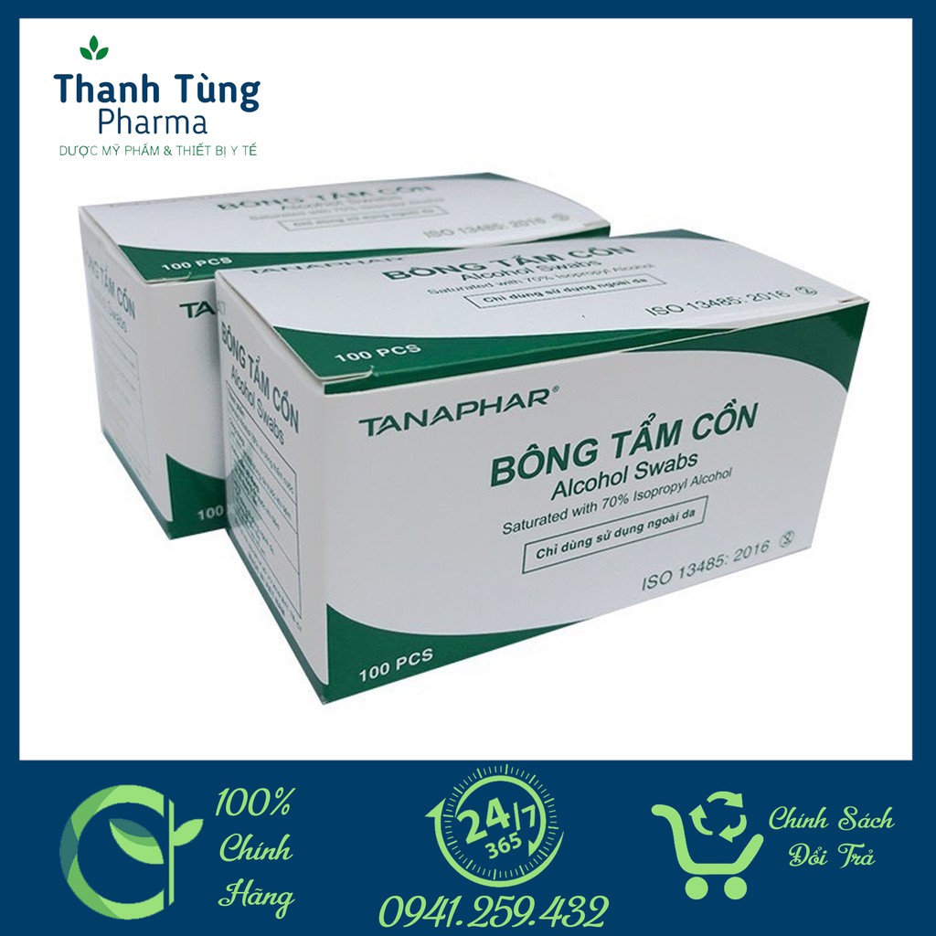 Hộp 100 Miếng Gạc Tẩm Cồn Sát Khuẩn, Bông Tẩm Cồn Y Tế Tiệt Trùng Sát Trùng, Cồn Khô Alcohol Pads TANAPHAR