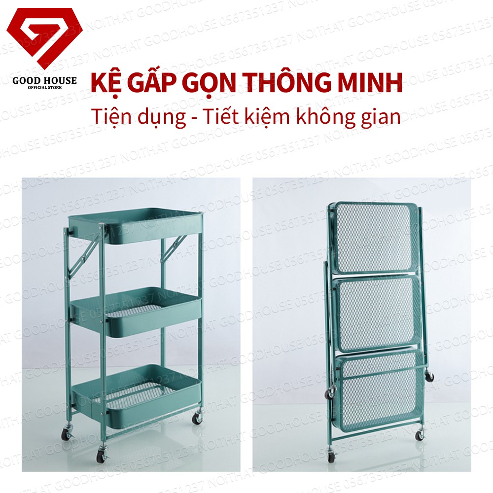 Kệ Để Đồ Đa Năng 3 Tầng Goodhouse Có Bánh Xe Tiện Lợi - Thép Carbon Sơn Tĩnh Điện Cao Cấp - Bền Bỉ - Linh Hoạt