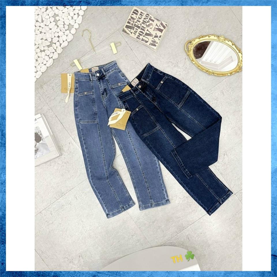 [Jeans nữ thiết kế] Quần bò dài trơn dáng suông, quần jeans lưng cao túi hộp trước 2 khuy. Quần bò suông D4160