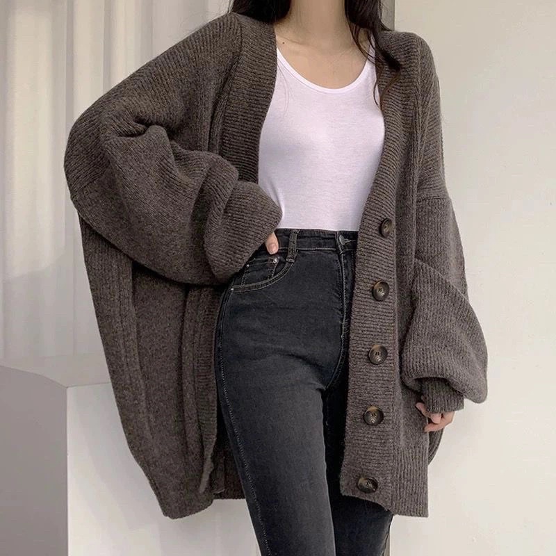 Áo Cardigan Màu Nâu Ghi Be Dài Tay Dáng Suông Rộng, Áo Khoác Ngoài Phong Cách Ulzzang Hàn Quốc Đủ Size Hàng Quảng Châu