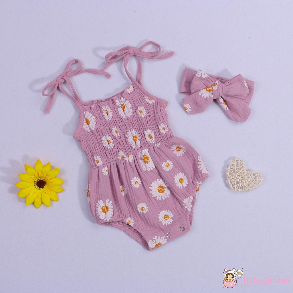 Bộ Áo Liền Quần Hai Dây Cổ Thuyền In Hoa Cúc + Băng Đô Cài Tóc Cho Bé Gái