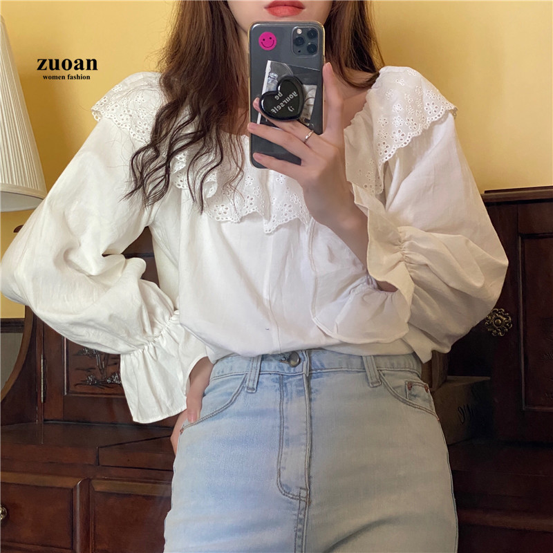 SUXI Áo Kiểu Nữ Tay Dài Phối Bèo Phong Cách Hàn Quốc