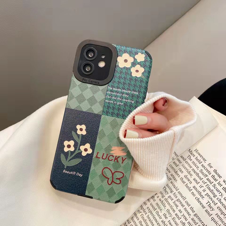 Ốp Điện Thoại Họa Tiết Hoa Đính Kim Cương Màu Xanh Lá Kiểu Retro Cho iPhone13 / 14promax 12 11 Niche x / xr