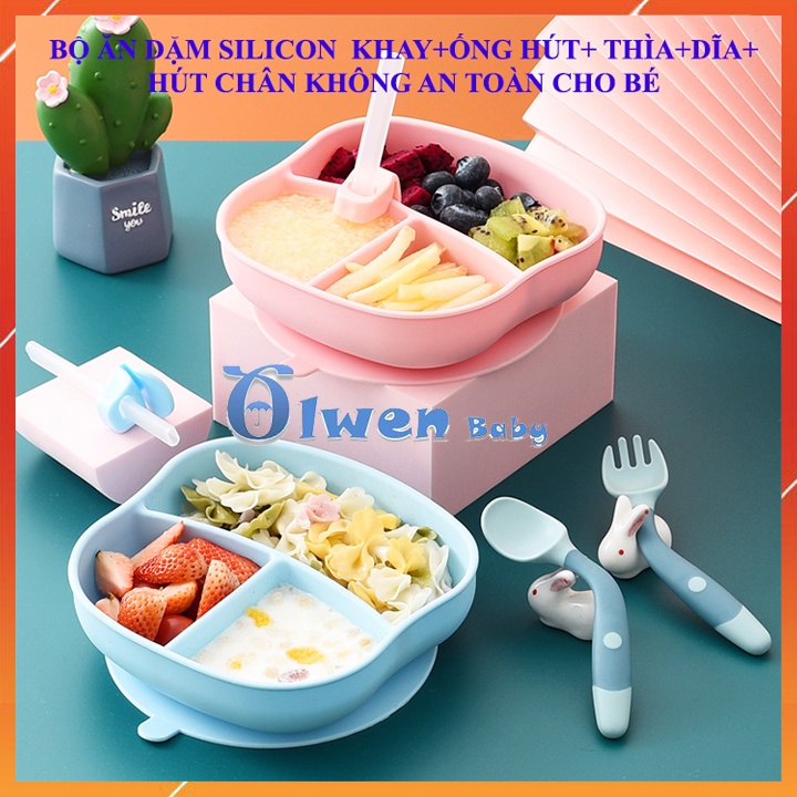 Bộ 4 Dụng Cụ Ăn Dặm Silicon Cho Bé Chia 3 Ngăn Gồm Khay, Thìa, Dĩa, Ống Hút Đĩa Đế Hút Chân Không Tập Ăn, Xúc Cho Trẻ Em