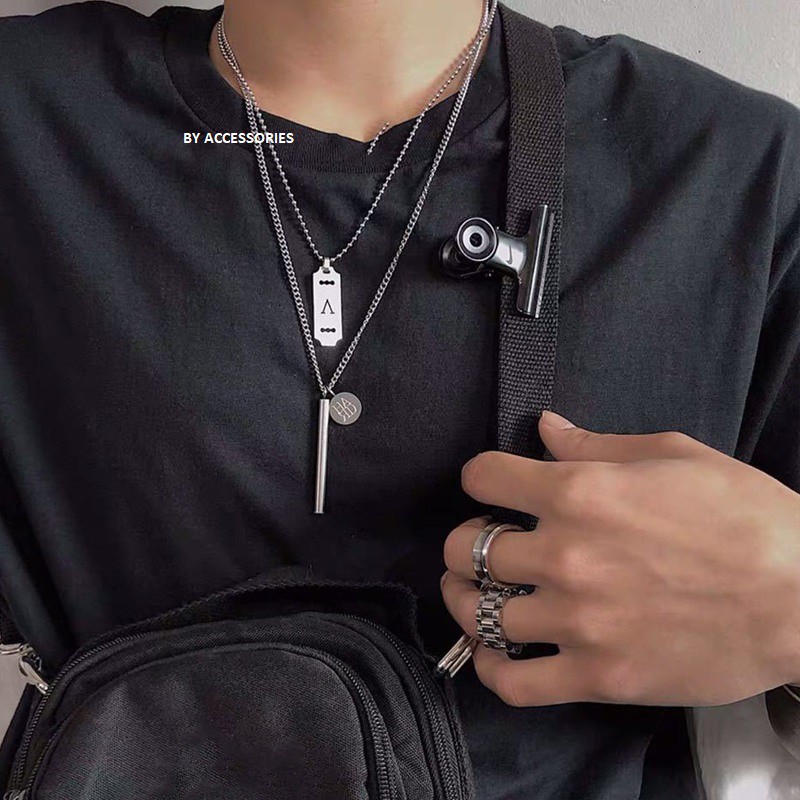 Set dây chuyền titan layer unisex phối phụ kiện hình học 2 tầng ko gỉ có bán lẻ UN190804