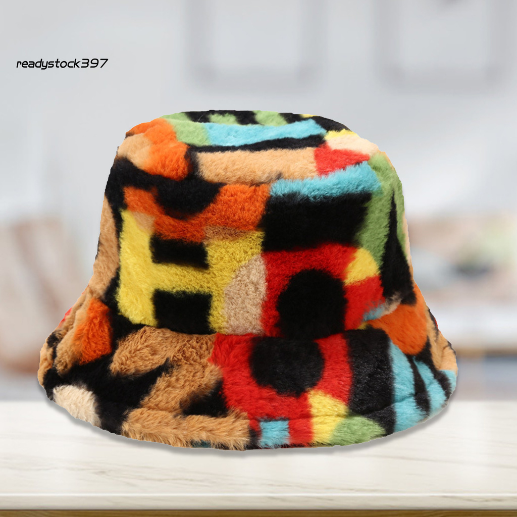 Re Multicolor Number Print Fishman Bucket Basin Hat Winter Outdoor Plush Warm Cap