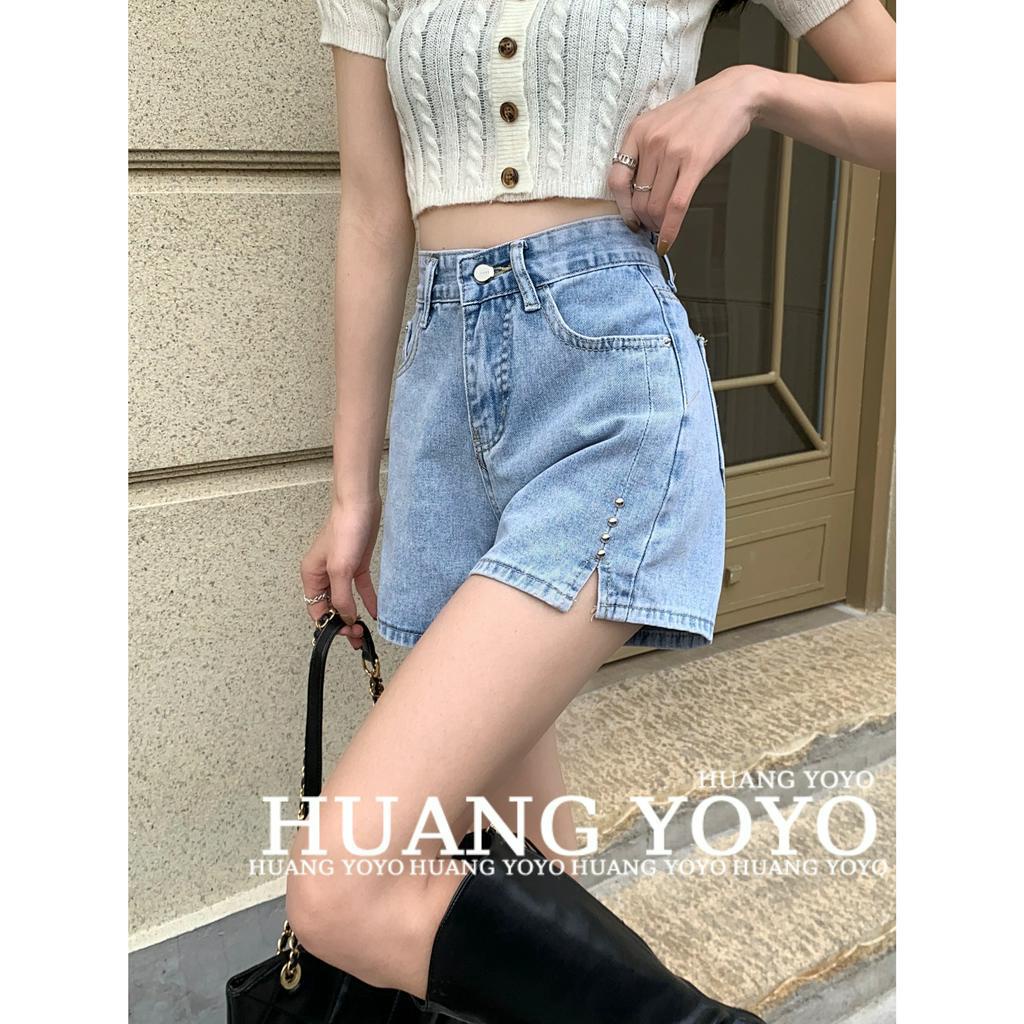 Quần Short Denim Lưng Cao Ống Rộng Xẻ Tà Thời Trang Mùa Hè Cho Nữ