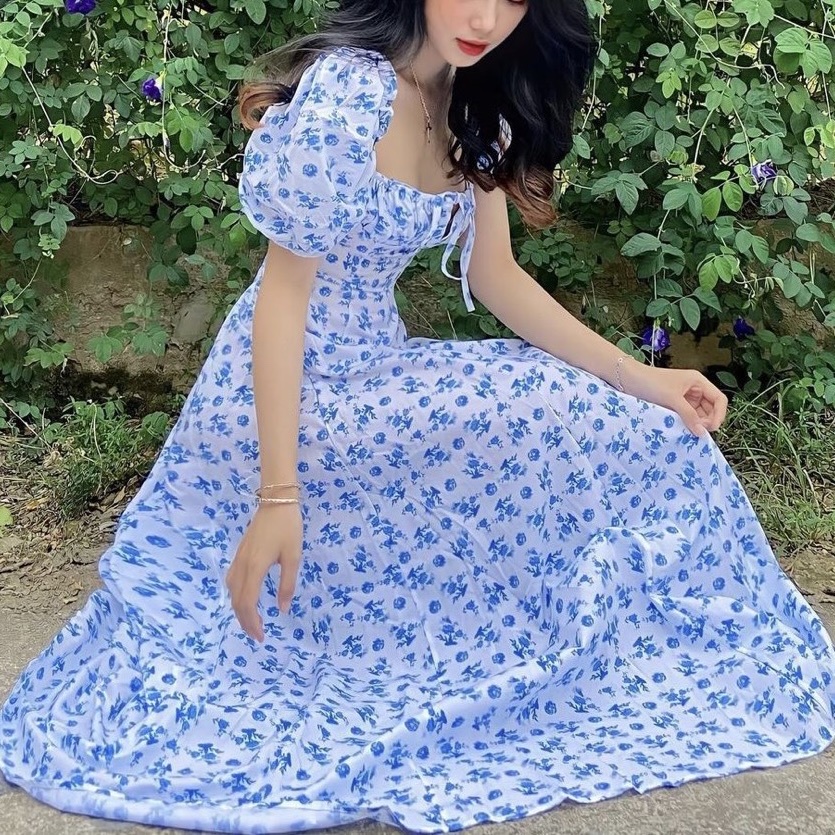 ĐẦM MIDI HOA NHÍU NGỰC XẺ ĐÙI XANH - DA2387