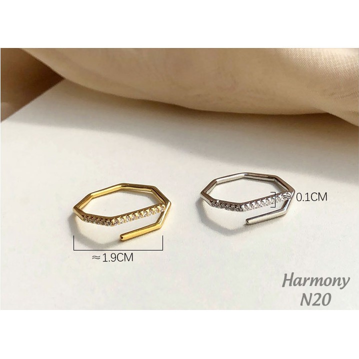 Nhẫn nữ đa giác bạc 925 cao cấp mạ vàng đính đá cá tính, sang trọng N20| TRANG SỨC BẠC HARMONY