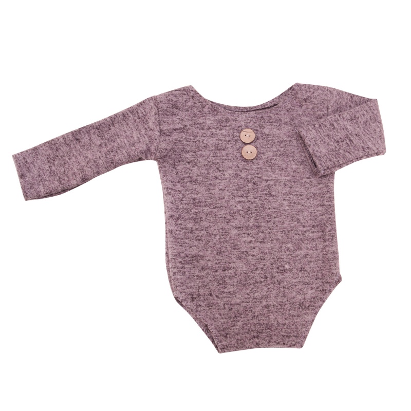 Bộ 2 Món Áo Liền Quần Tay Dài + Mũ Đuôi Dài Màu Trơn Cài Nút Xinh Xắn Cho Bé Sơ Sinh