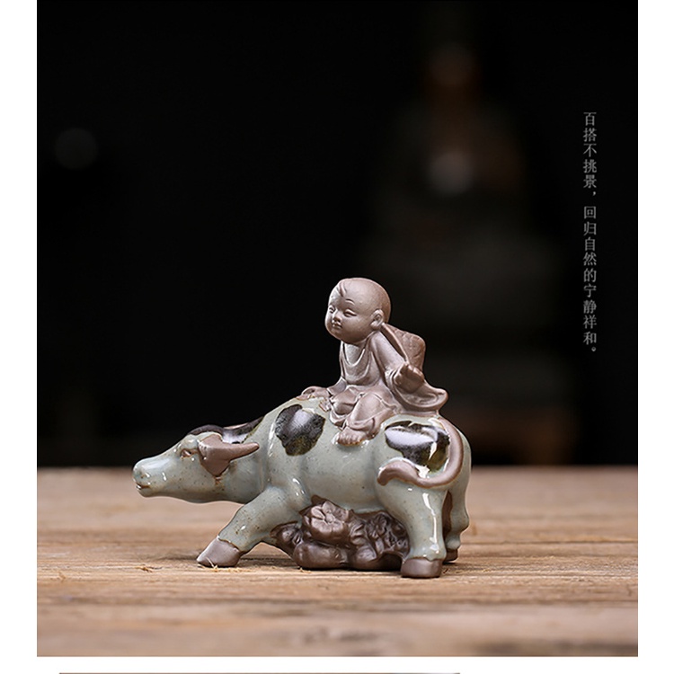 Tượng mục đồng gốm tử sa- chú bé cưỡi trâu- Tượng gốm decor trang trí tiểu cảnh bonsai phối lũa