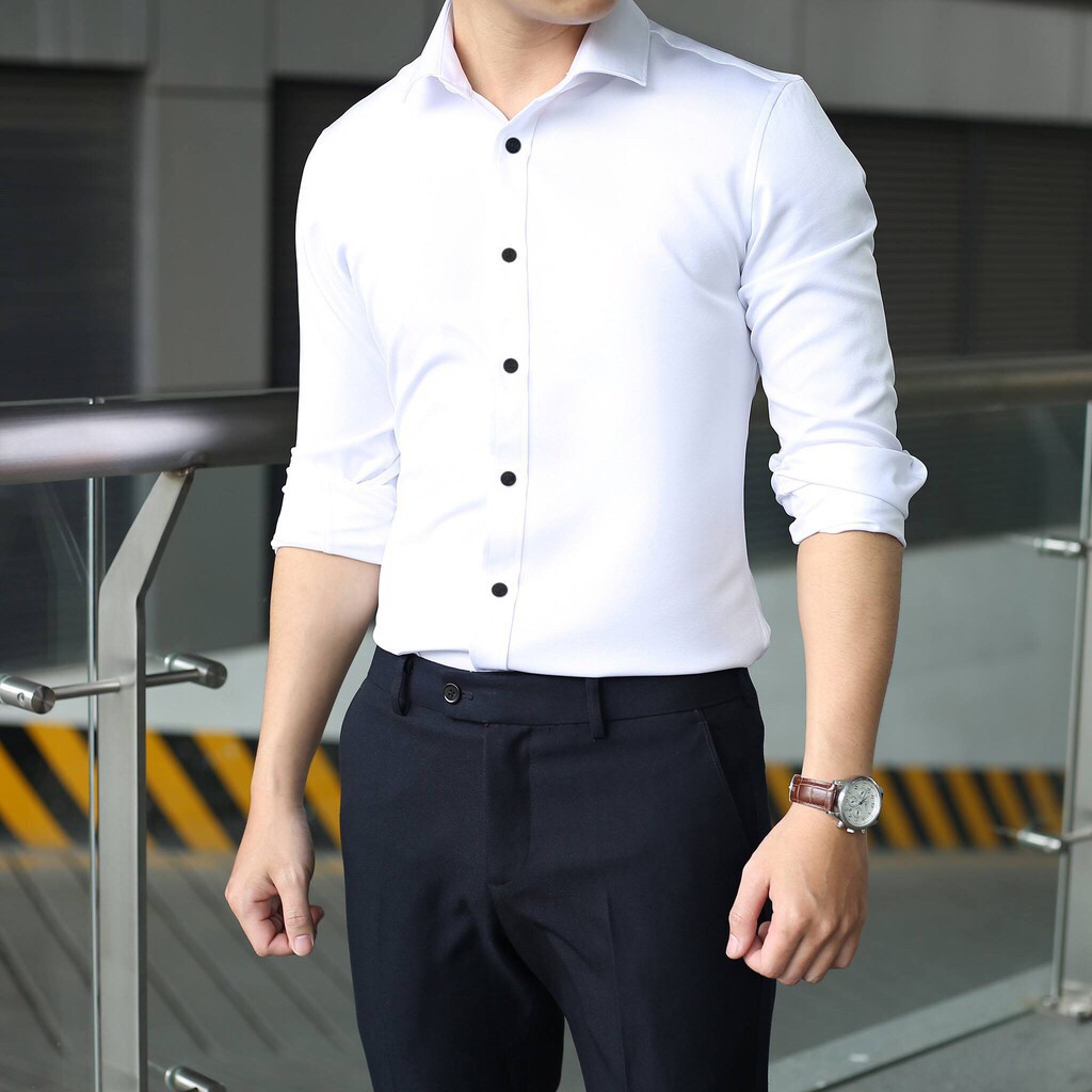 Sơ mi nam Trắng cúc Đen Lụa Thái không nhăn,Sơ mi nam trơn đẹp | BigBuy360 - bigbuy360.vn